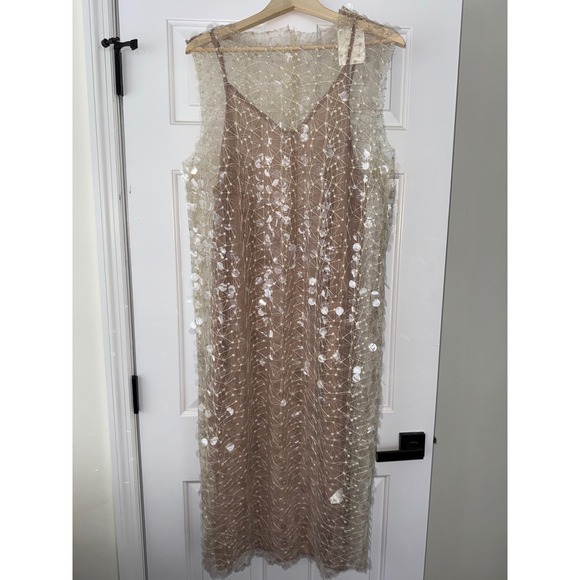 PEAOBLRLD Womens Sheer Sequin Overlay Slip Dress Midi Beige Size L Sleeveless - Picture 3 of 9